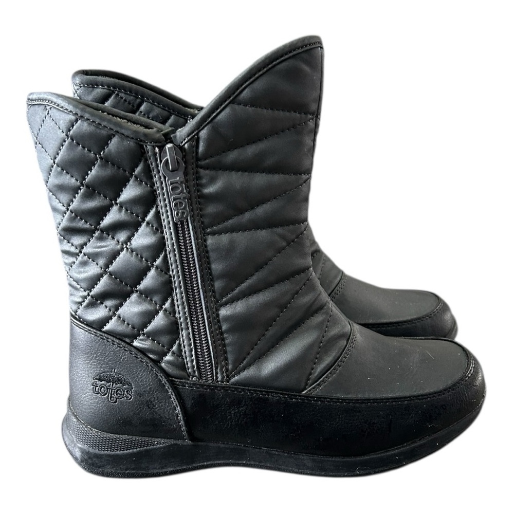 Totes Waterproof Insulated Quilted Black Grey Zip Up Boot Sz 8